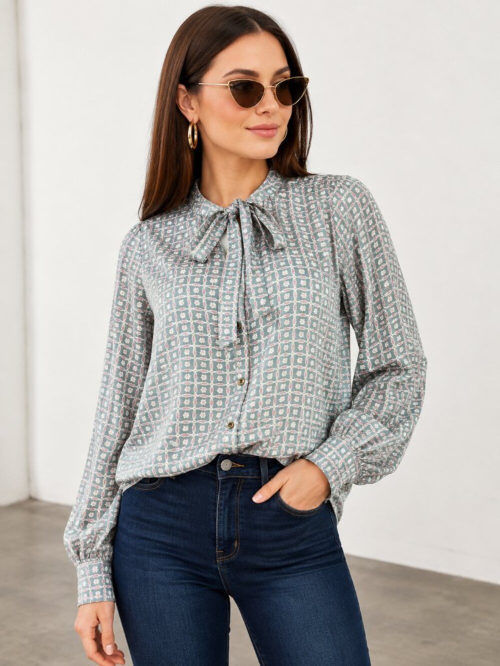 Teal Retro Neck Tie Button Tunic Blouse NWT